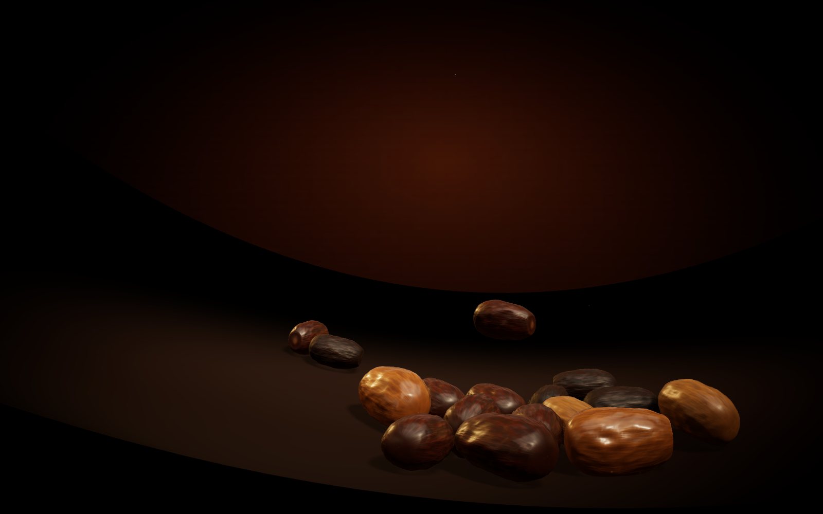 Glossy dates resting on a dark curved surface