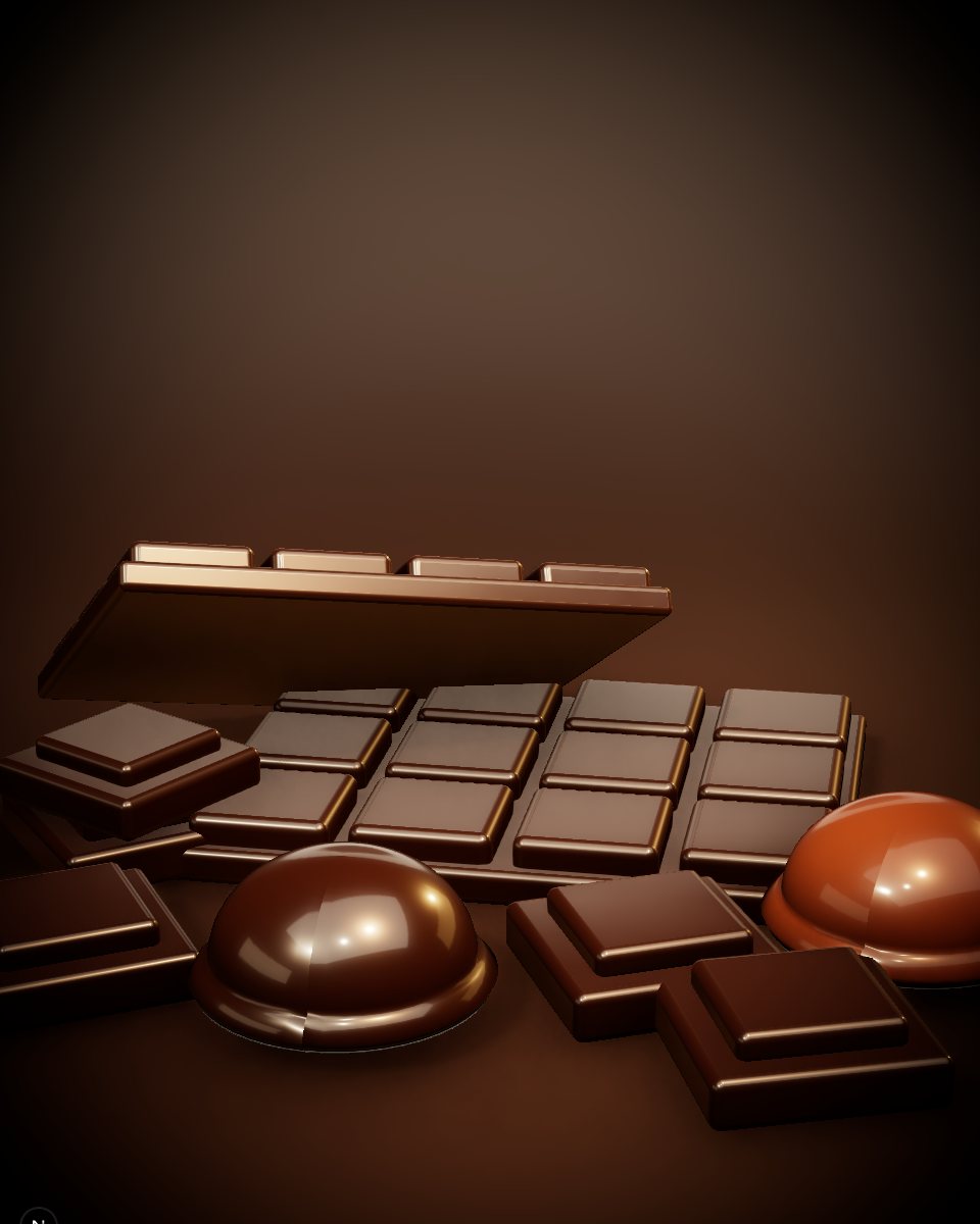 Glossy dark chocolate squares and bar