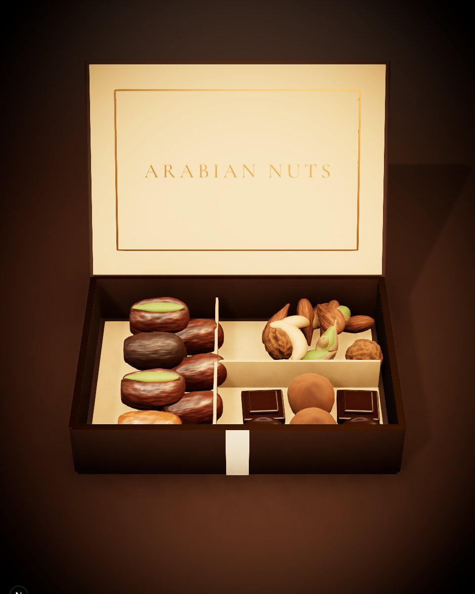An open espresso gift box filled with dates