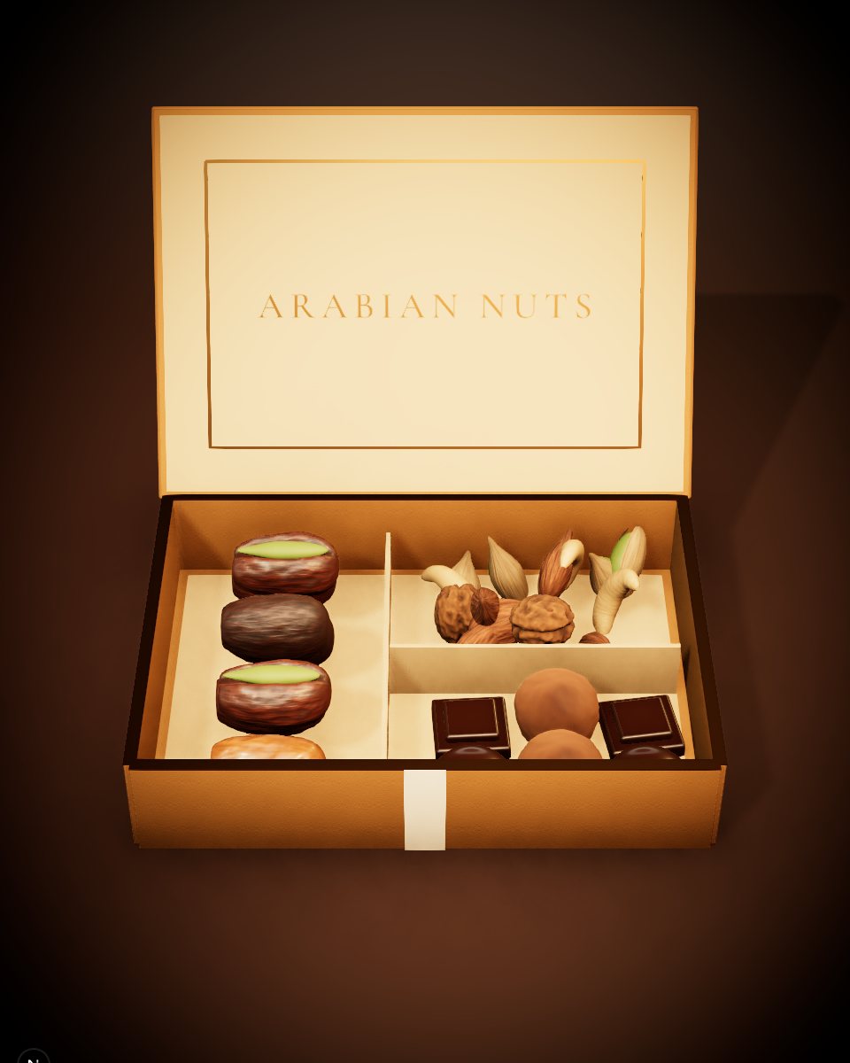 A gold-lidded gift box containing dates, nuts and chocolates
